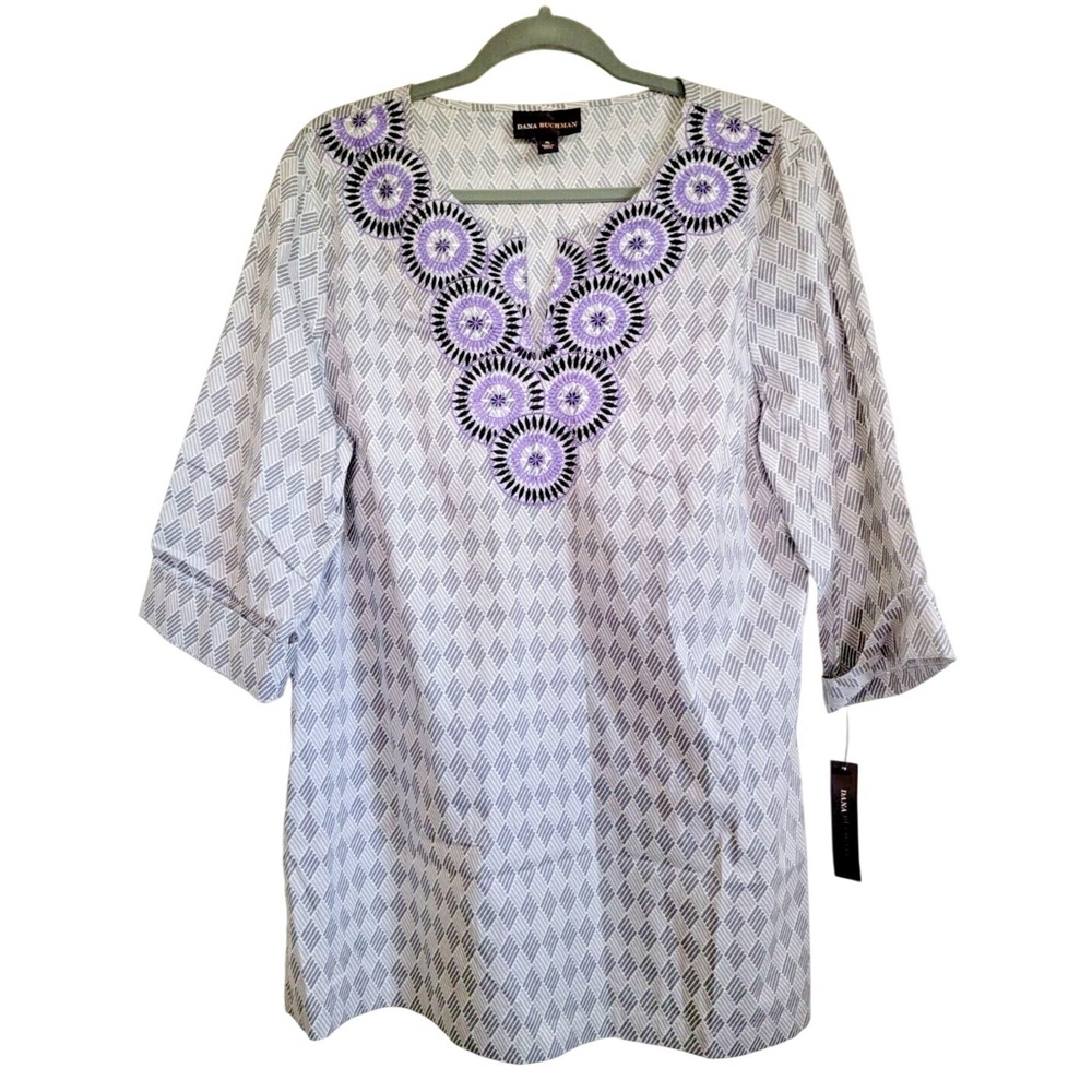 Dana Buchman XL Gray/Purple/Cuffed‎ Sleeve Embroidered Tunic Cotton/Spandex NWT